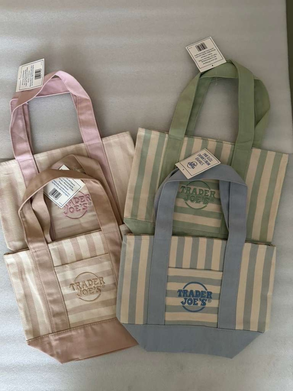 Trader Joe’s Striped Canvas Tote Bag - Pastel Pink, Sage, Beige, Blue set of 4